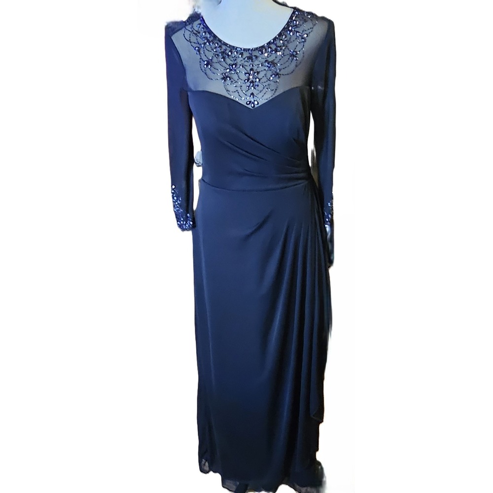 J S Collection Women's Black A-Line Illusion Embellished Formal Long Gown SZ 6